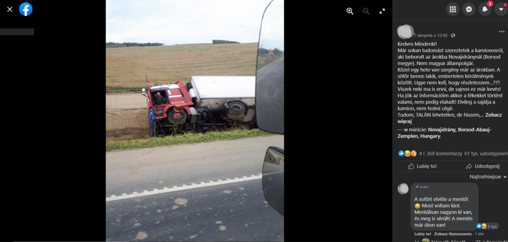 Ciężarówka wskutek wypadku wpadła do rowu. Kierowca przemieszkał w niej tydzień. Węgrzy okazali mu wielkie serce