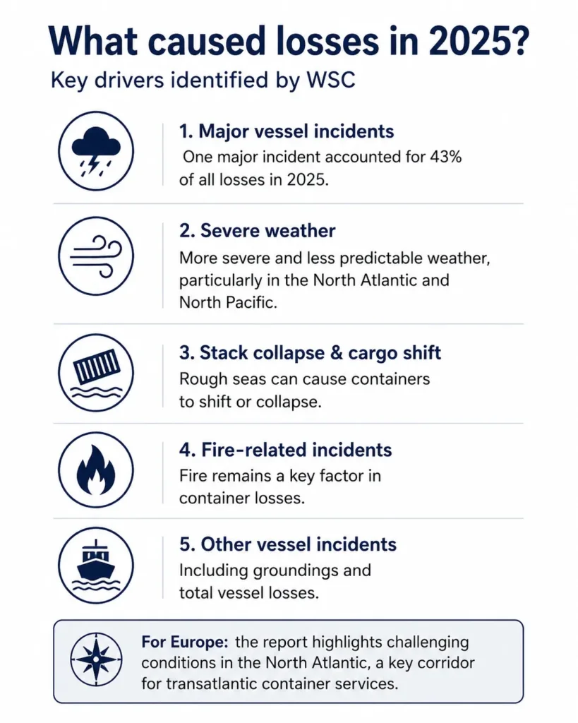 What caused container losses at sea in 2025?