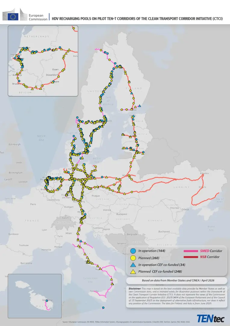 European Commission map showing existing and planned heavy-duty vehicle charging pools on the Scandinavian–Mediterranean and North Sea–Baltic TEN-T corridors.